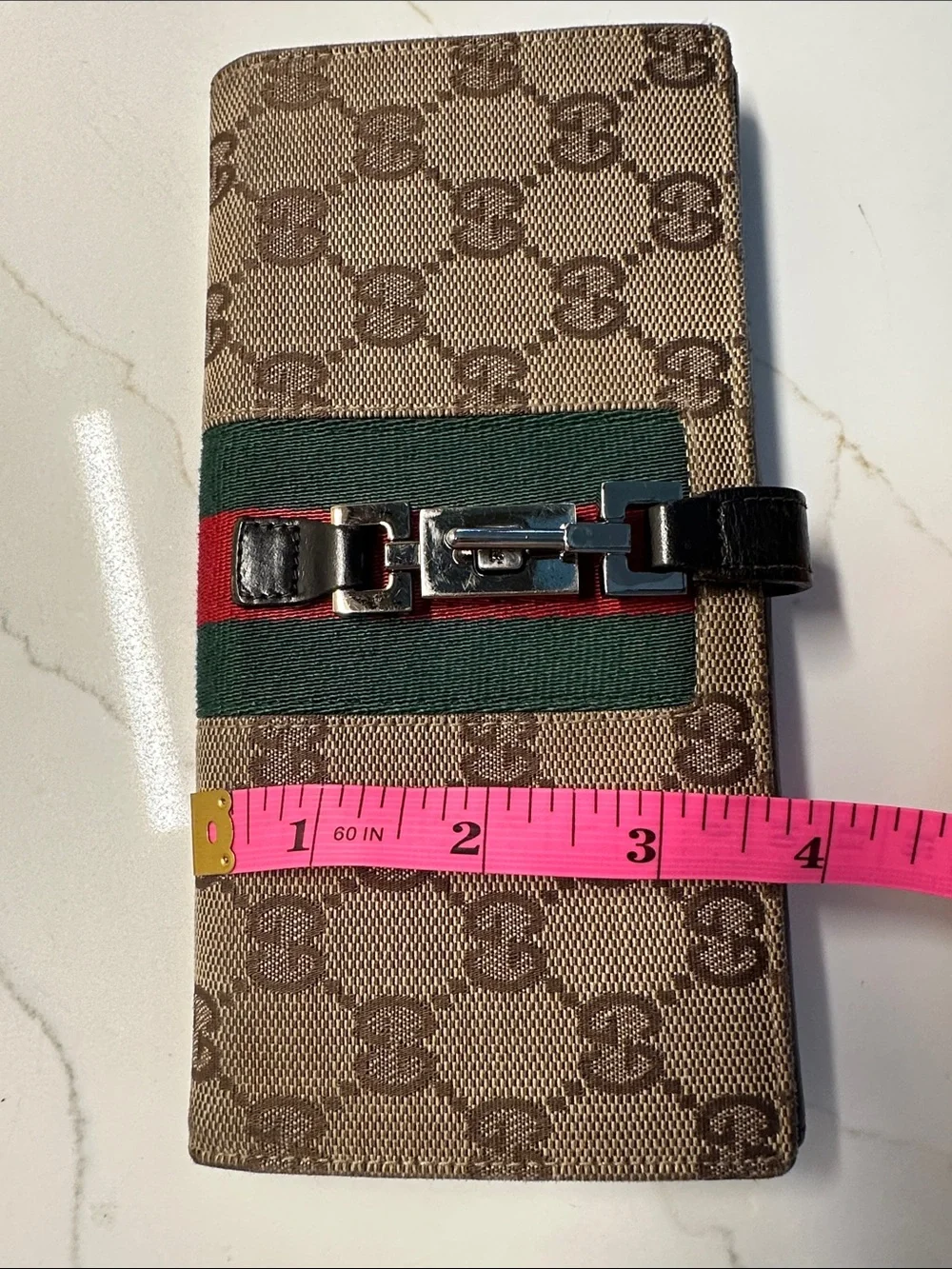 Gucci Brown Monogram Continental Wallet with Green and Red Web Stripe